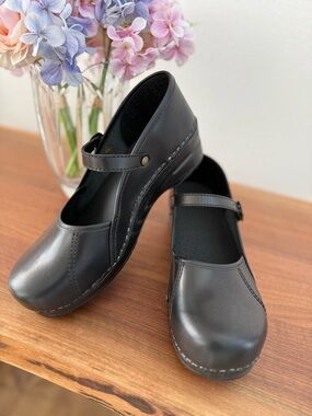 Sanita Black Leather Mary Jane Clogs with Strap